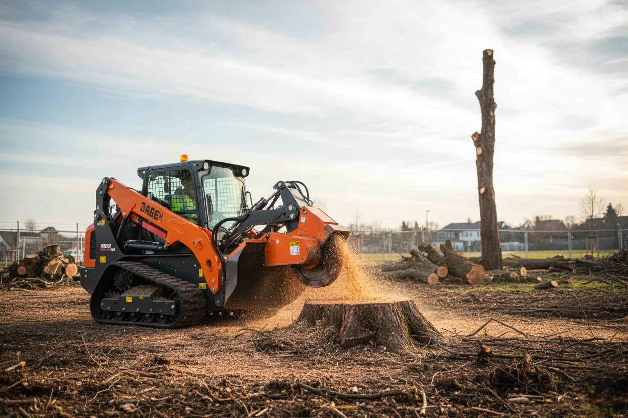 Arborist using a stump grinder to remove a tree stump in Harrisburg, PA