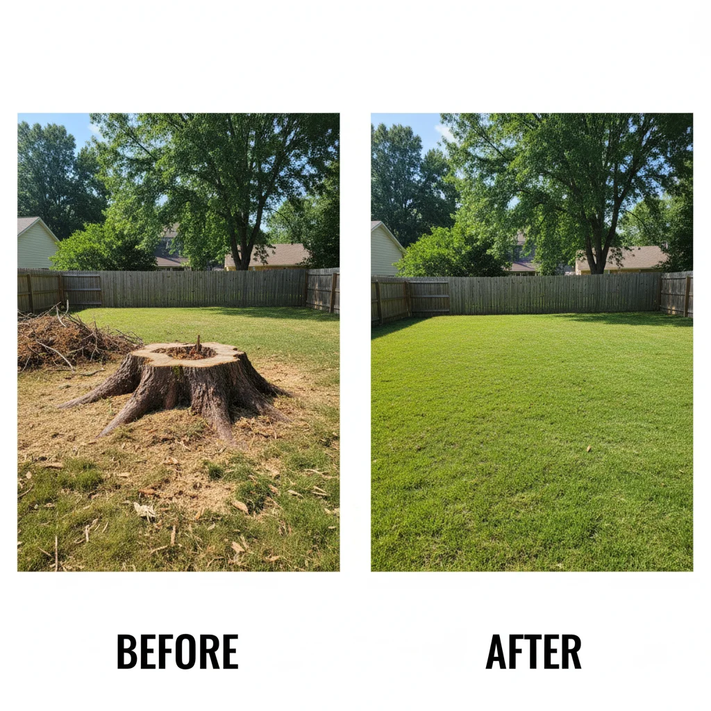 Before and after comparison of a lawn showing stump removal and clean landscape