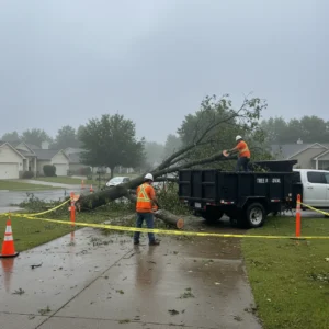 Crew performing emergency tree removal in Harrisburg, PA after a storm, cutting and clearing fallen branches from a driveway