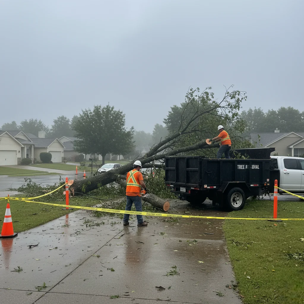 Crew performing emergency tree removal in Harrisburg, PA after a storm, cutting and clearing fallen branches from a driveway