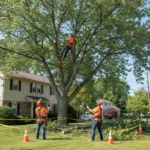 Tree trimming crew in Harrisburg, PA cutting overgrown branches near a home to improve tree health and property safety