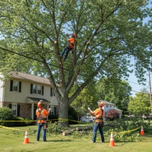 Tree trimming crew in Harrisburg, PA cutting overgrown branches near a home to improve tree health and property safety