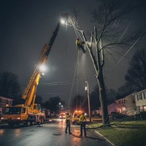 arborists using cranes and safety ropes to remove a large, hazardous tree near power lines in Harrisburg, PA